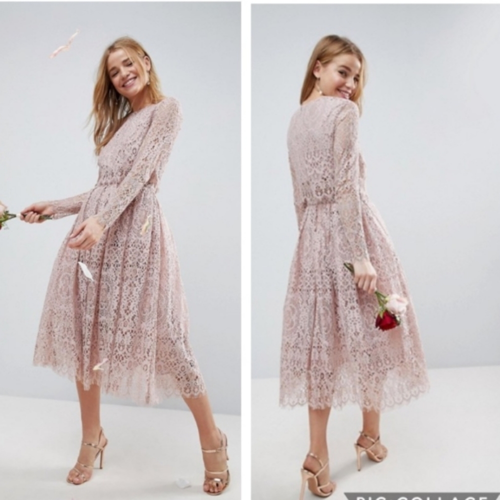 ASOS lace crop top midi prom dress, mauve, Size 8